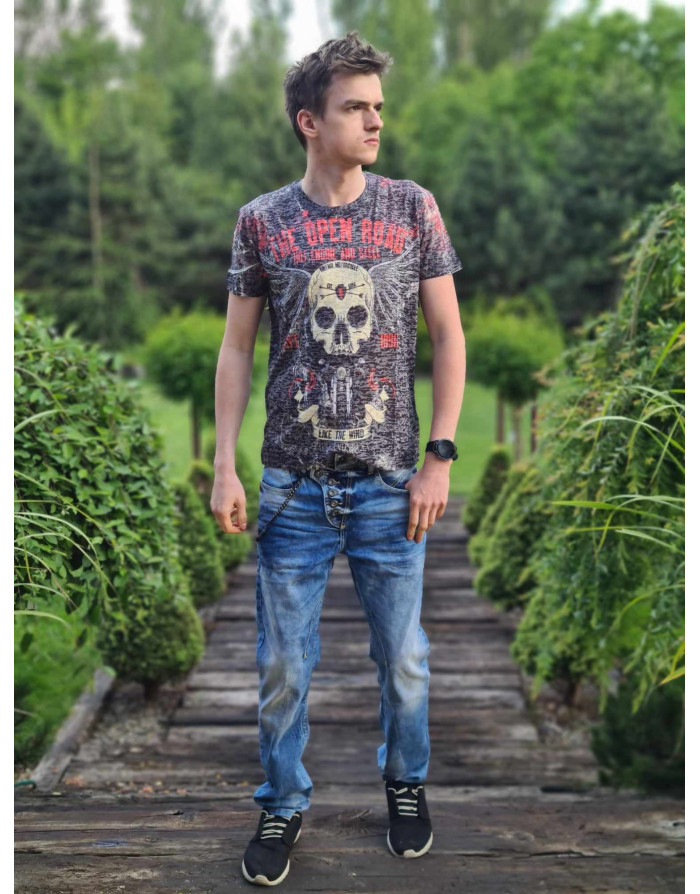 KHAKI T-SHIRT MĘSKI NADRUK CZASZKA SPEDBOY  OCT103