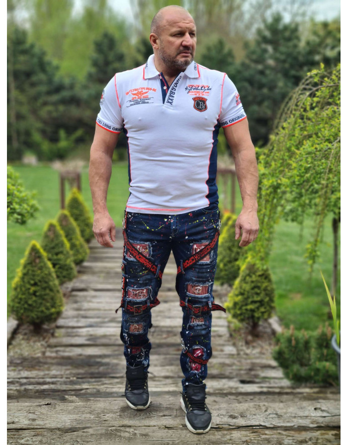 BIAŁA KOSZULKA MĘSKA POLO KOŁNIERZYK NADRUKI NASZYWKI SPEDBOY CT605