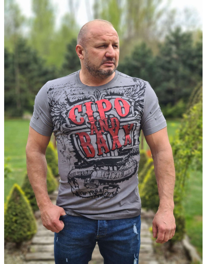 SZARY T-SHIRT MĘSKI NADRUK CIPO & BAXX CL491