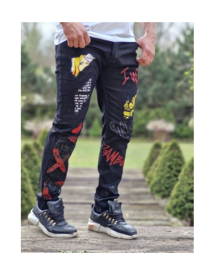 CZARNE SPODNIE JEANS MĘSKIE SLIM NADRUKI SPEDBOY  6055
