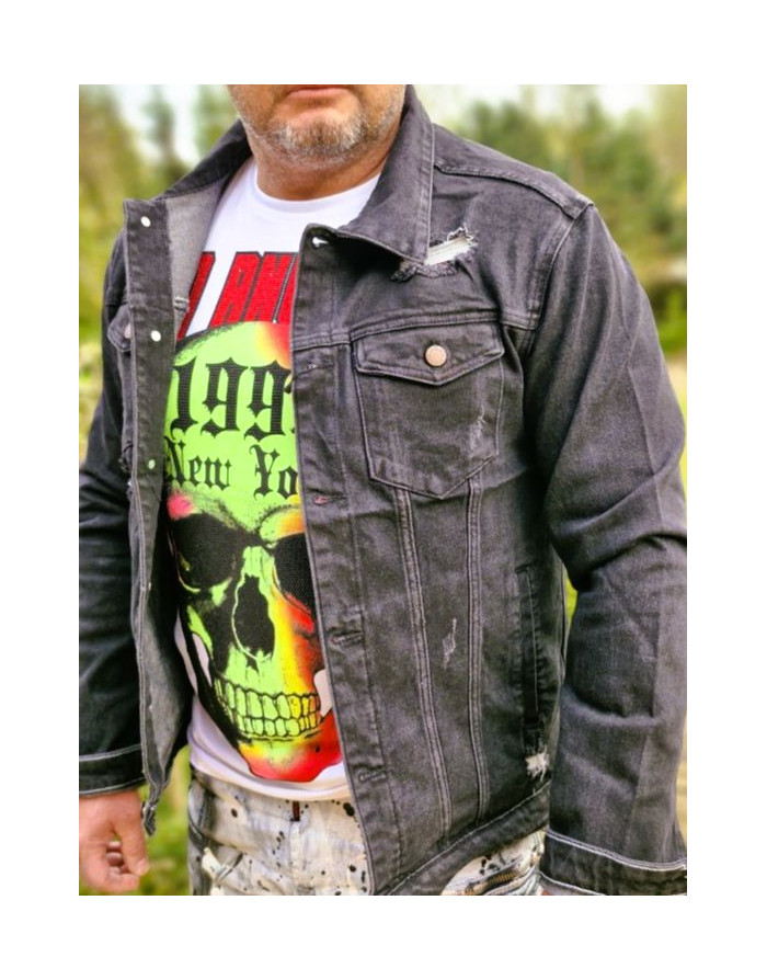 CZARNA KURTKA MĘSKA JEANS Z DZIURAMI SPEDBOY 003