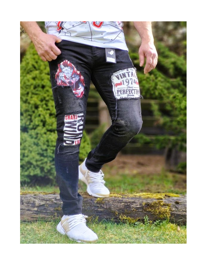 CZARNE SPODNIE MĘSKIE JEANS Z NADRUKIEM SPEDBOY K14