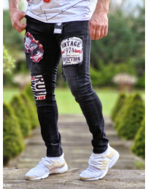 CZARNE SPODNIE MĘSKIE JEANS Z NADRUKIEM SPEDBOY K14