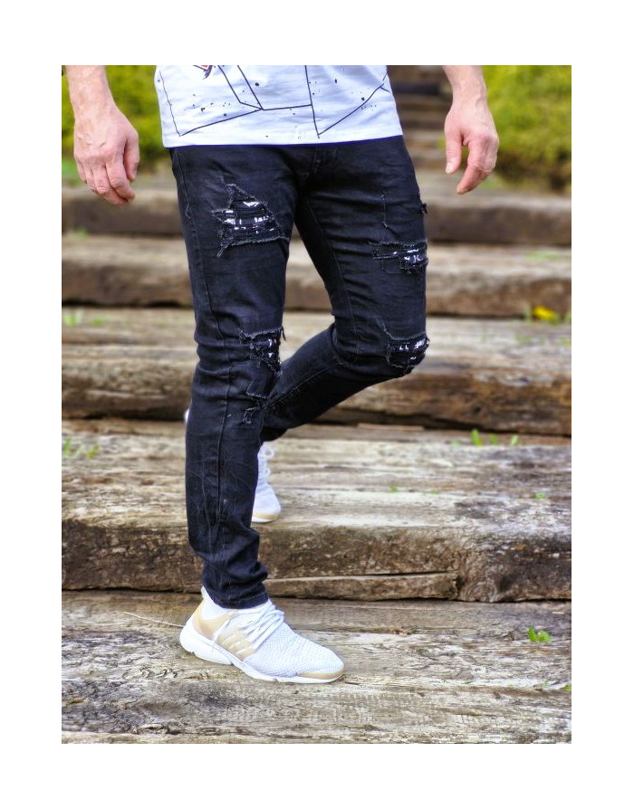 CZARNE SPODNIE MĘSKIE JEANS Z DZIURAMI  SPEDBOY 7007